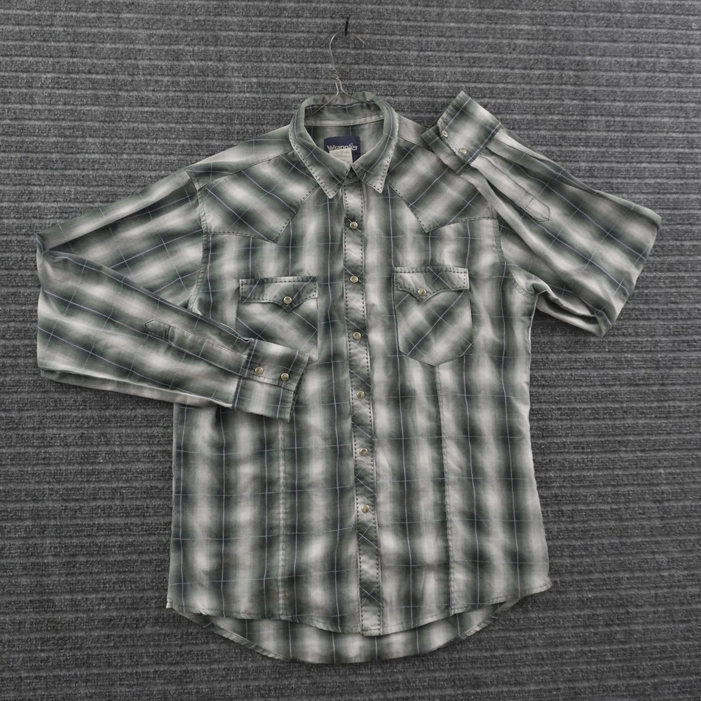 Wrangler Western Snap Shirt Mens Medium Green Plaid Pearl Snap Long Sleeve